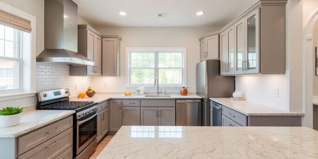 Modern kitchen with elegant cabinetry and bright lighting.