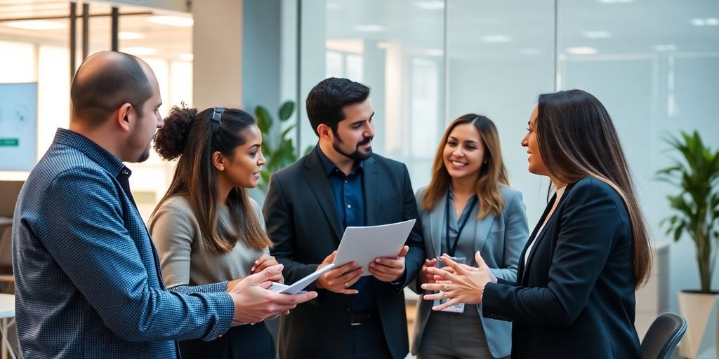 Diverse professionals collaborating in a modern office environment.