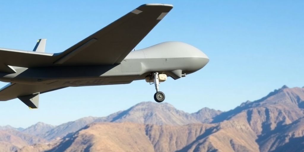 Drone militaire survolant un paysage stratégique.