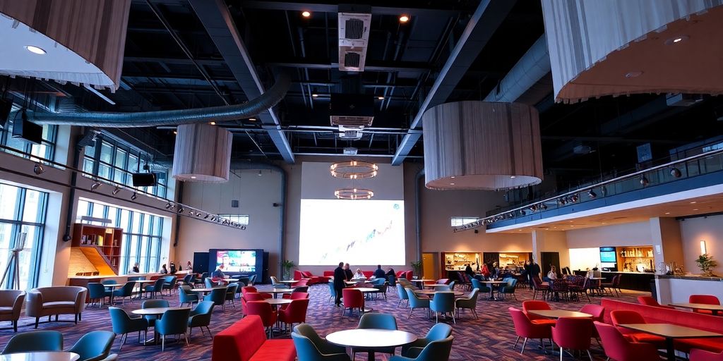 Bright, modern event space with accessible seating and diverse decor.