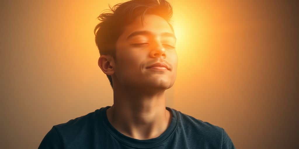Person meditating with inner light expanding outwards.