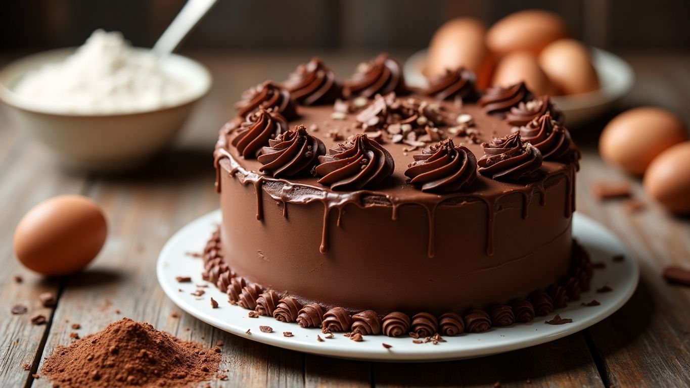 Bolo de chocolate fofinho com cobertura rica.