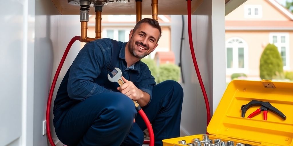 Plumber fixes copper pipes under sink beside open yellow toolbox
