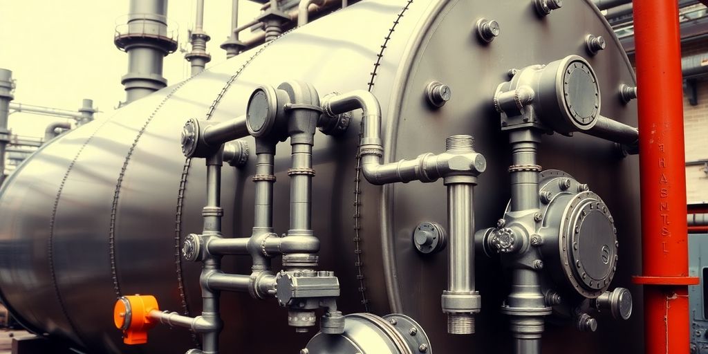 Industrial steam boiler with pipes and valves in factory.