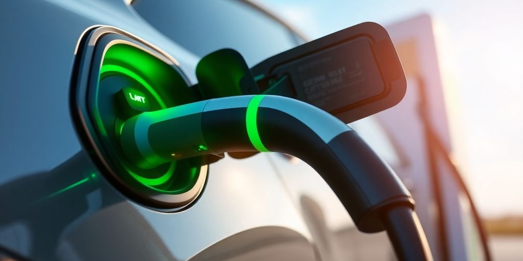 Electric car charging at a futuristic, free charging station.