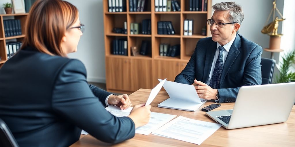 Lawyer consulting with a client in an office setting.