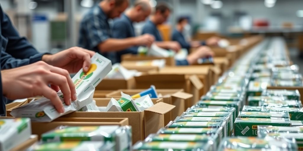 Workers meticulously sorting and packing items.