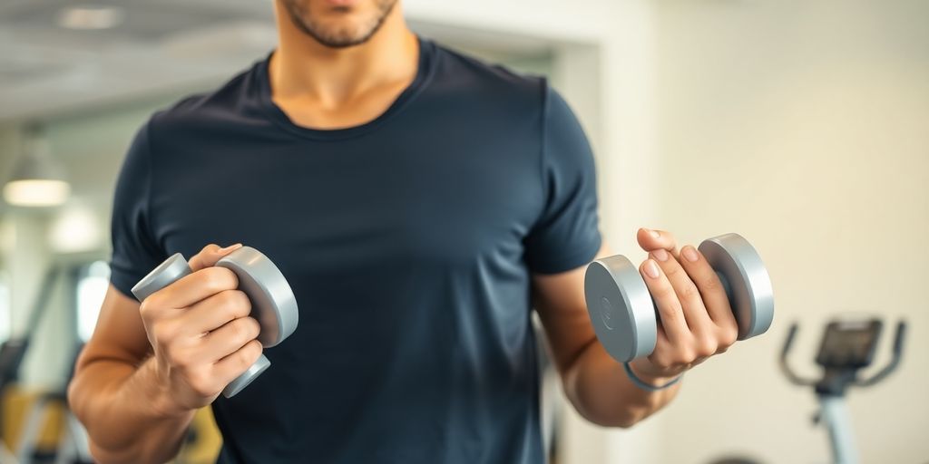 Person exercising with weights, smiling, gym setting.