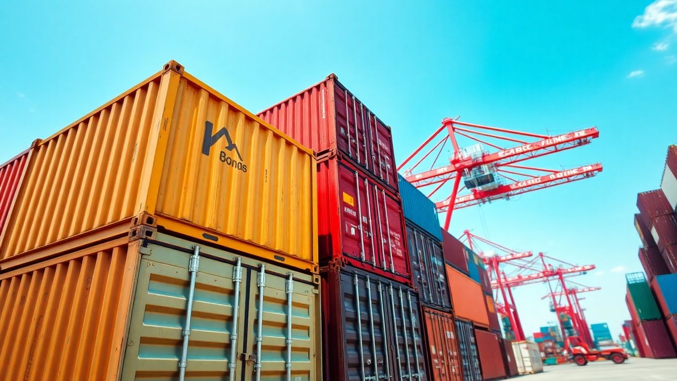 Stack of colorful shipping containers at a busy port.