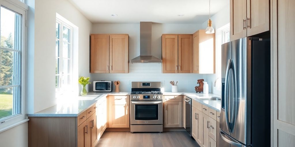 Casa americana moderna com cozinha equipada.