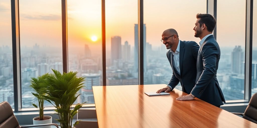 Advisor in navy suit talks with client beside office window.