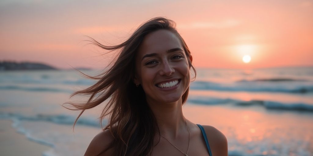 Vrouw ontspant bij zonsondergang op strand