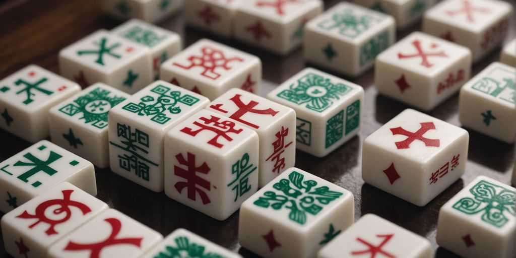 Mahjong tiles with various symbols in a grid layout.