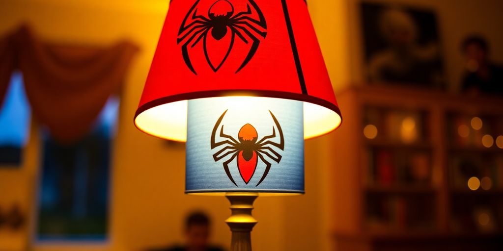 Spider-Man lamp shade emitting a warm glow.