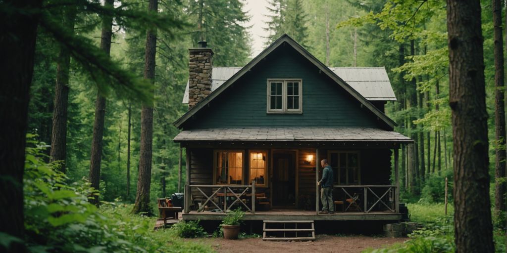 Local expert inspecting a cozy cabin in the woods for repairs, surrounded by lush greenery in Hochatown.