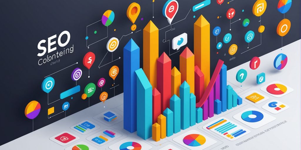 Graph with upward trend, SEO, and content icons