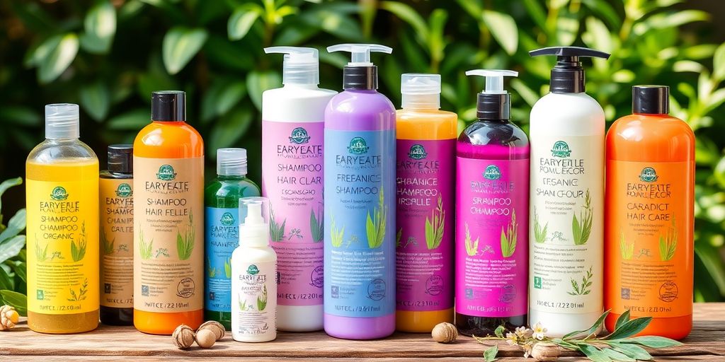 Colorful eco-friendly hair care products on a wooden table.