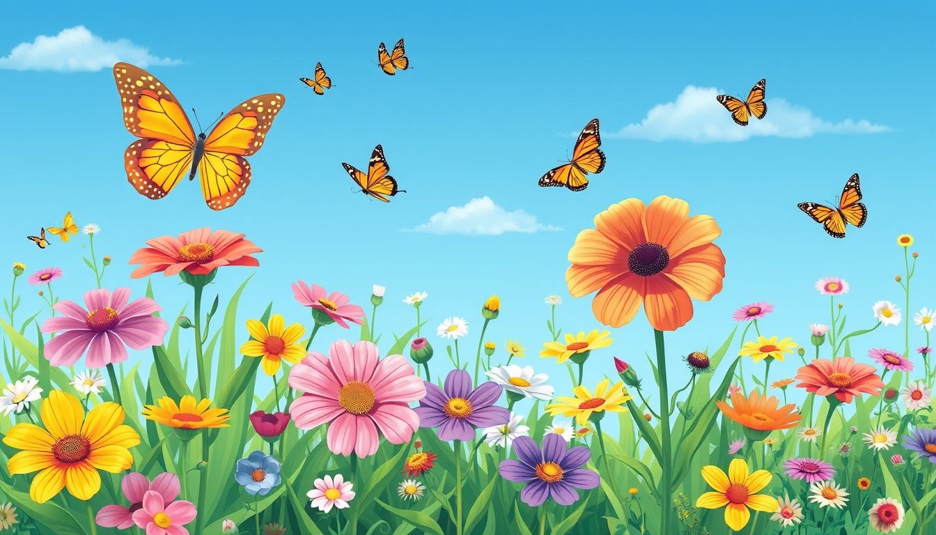 Illustrative garden with flowers and butterflies.