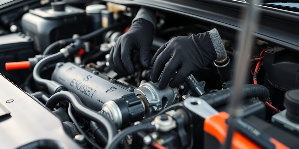 Mechanic's hands working on car engine.