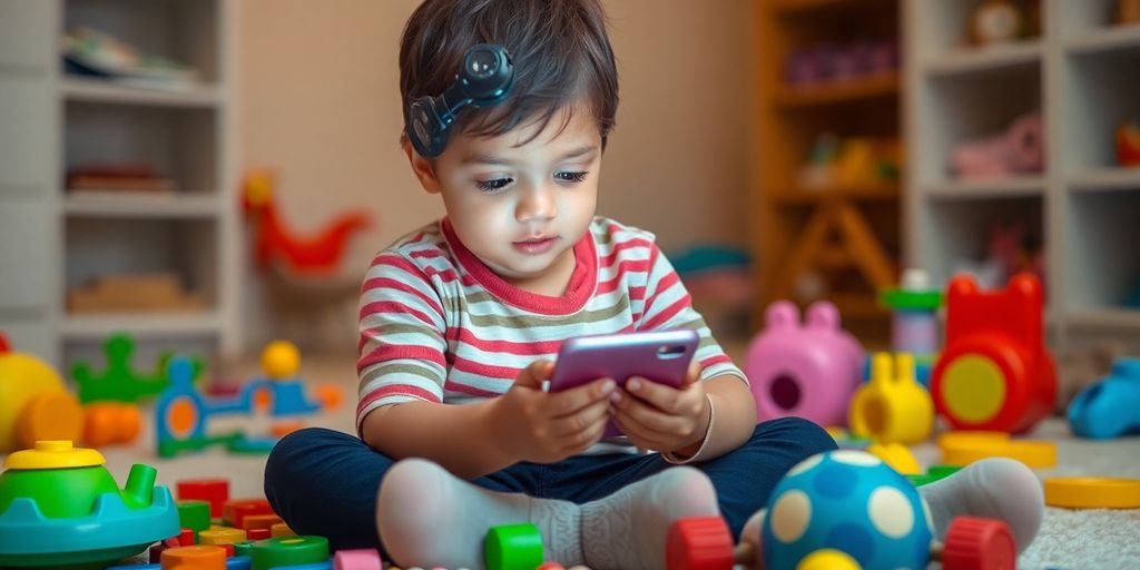 Criança usando smartphone em ambiente de brincadeira.