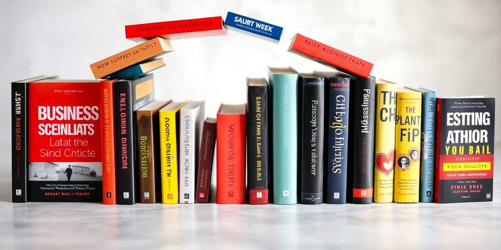 Book covers arranged in a dynamic, upward-moving display.
