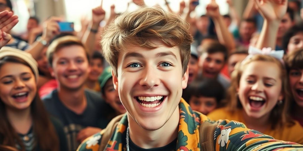 MrBeast smiling with fans in a vibrant setting.