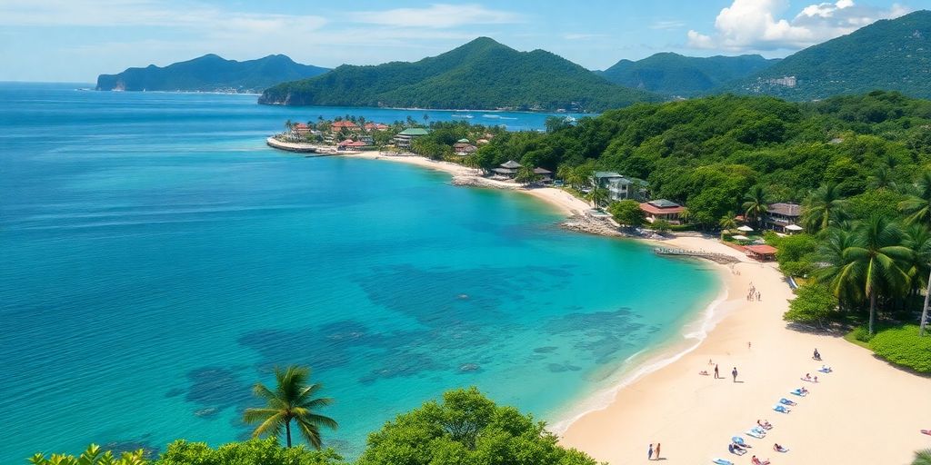 Phuket coastline with luxurious properties and tourists.