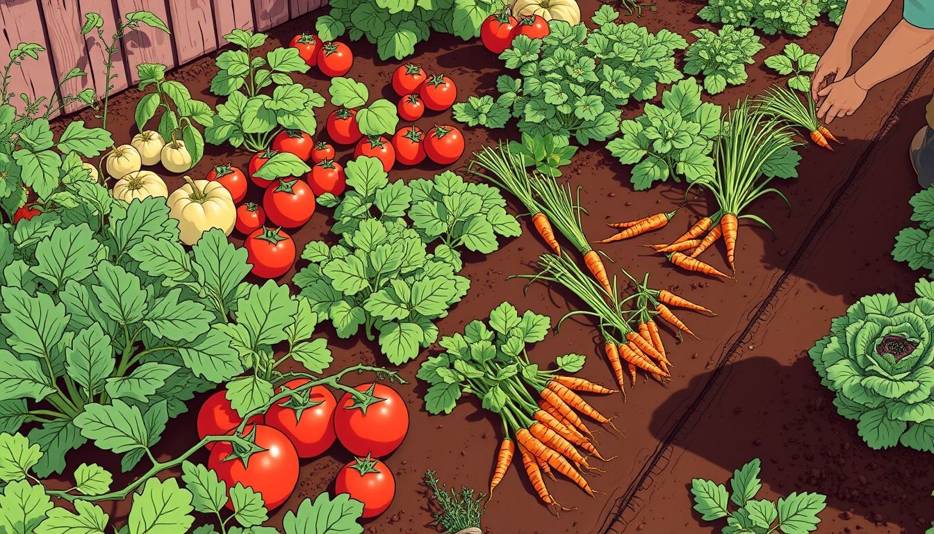 Gardener preparing soil in a lush vegetable garden