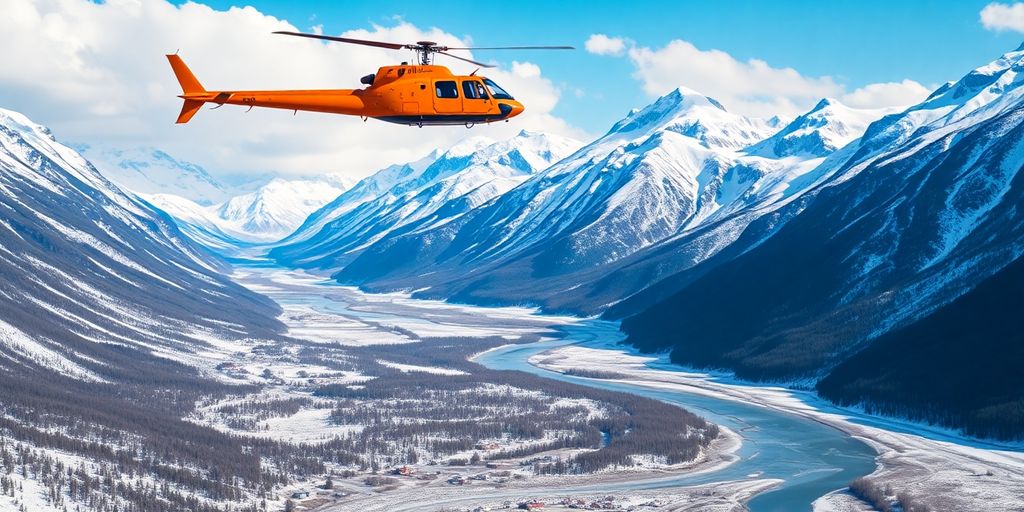 A crane helicopter flying over a remote Alaskan mountain range.
