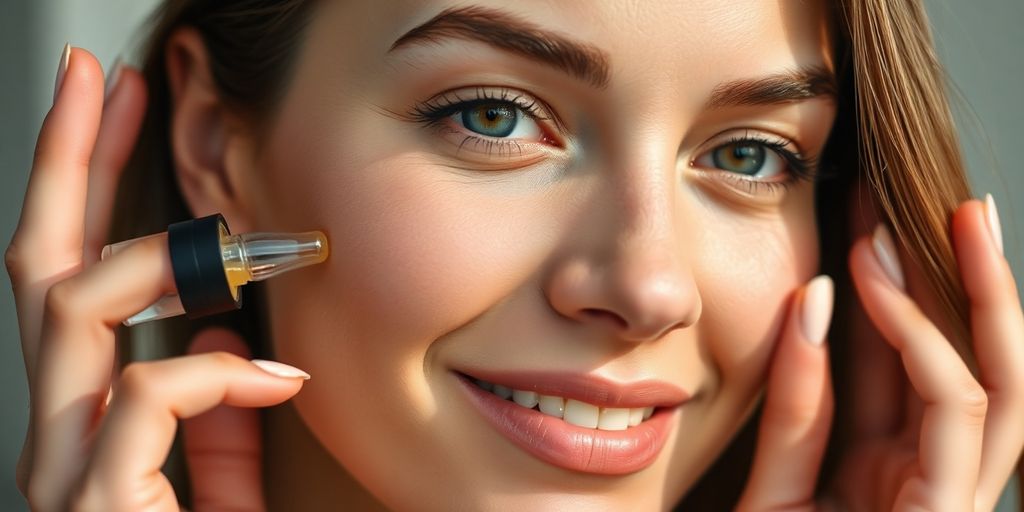 Woman with glowing skin applying serum.