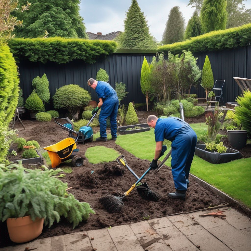 professional garden clearance service team working in a backyard