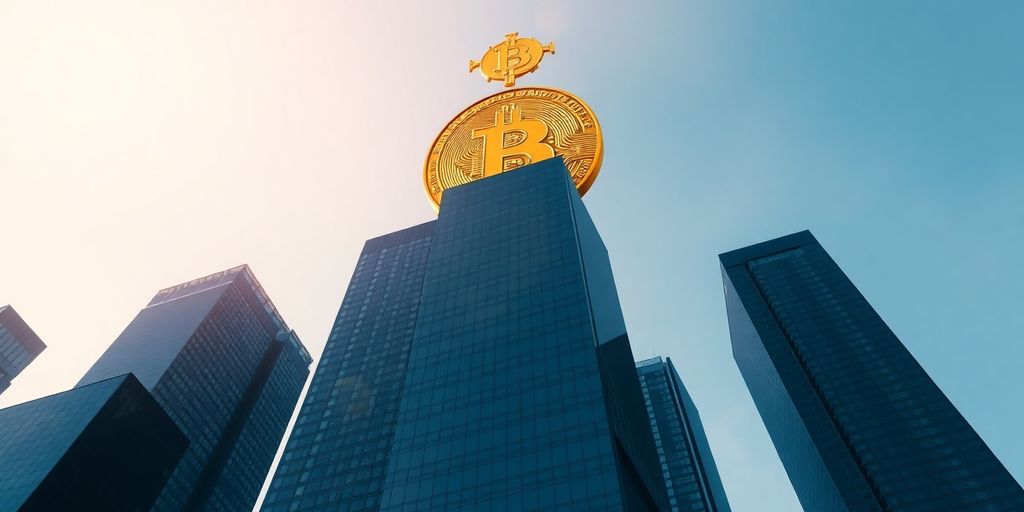 Bitcoin coin soaring above corporate skyscrapers.