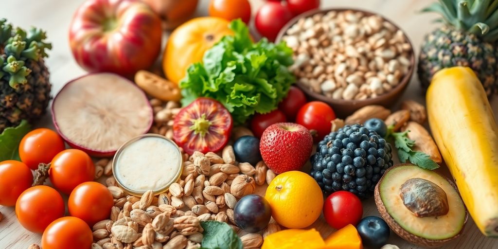 A variety of colorful paleo vegan foods.