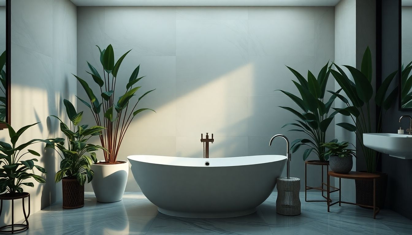 Luxurious bathroom with freestanding tub and greenery.