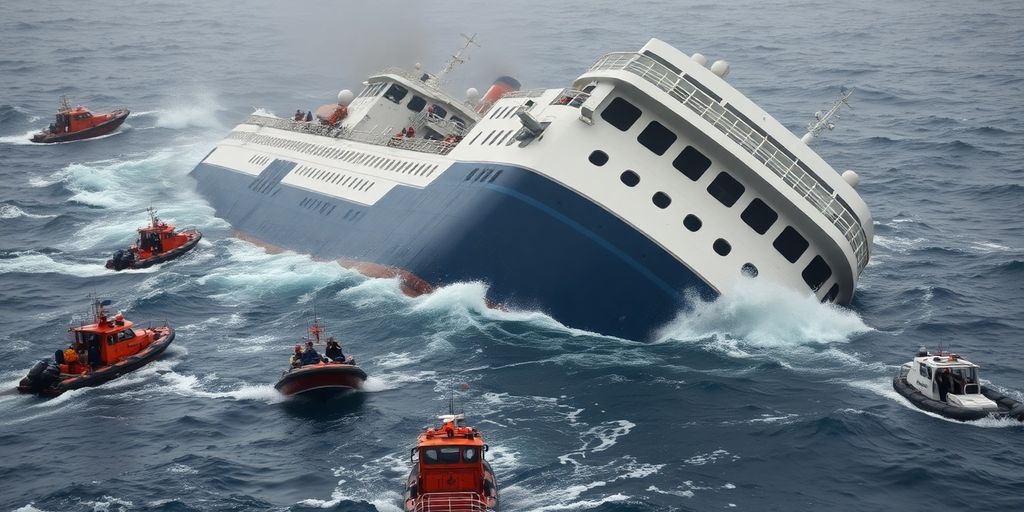 Capsized MV Joola in stormy seas with rescue boats.