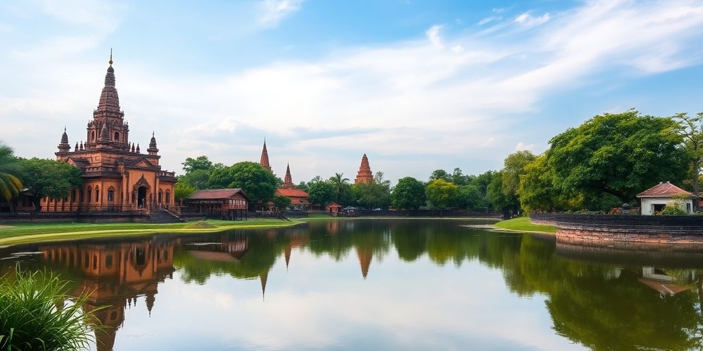 Ancient temples and greenery in Sukhothai, Thailand.