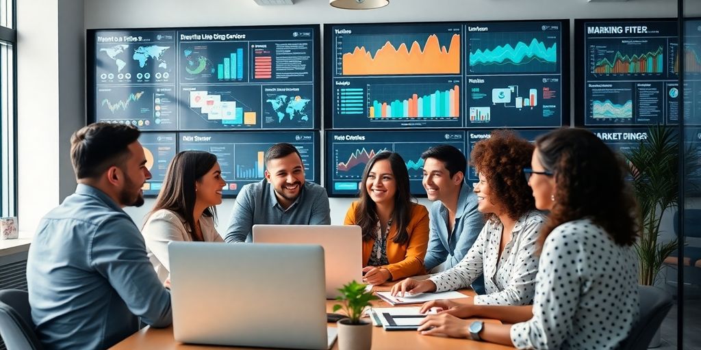 Profissionais de marketing digital em ambiente moderno e colaborativo.