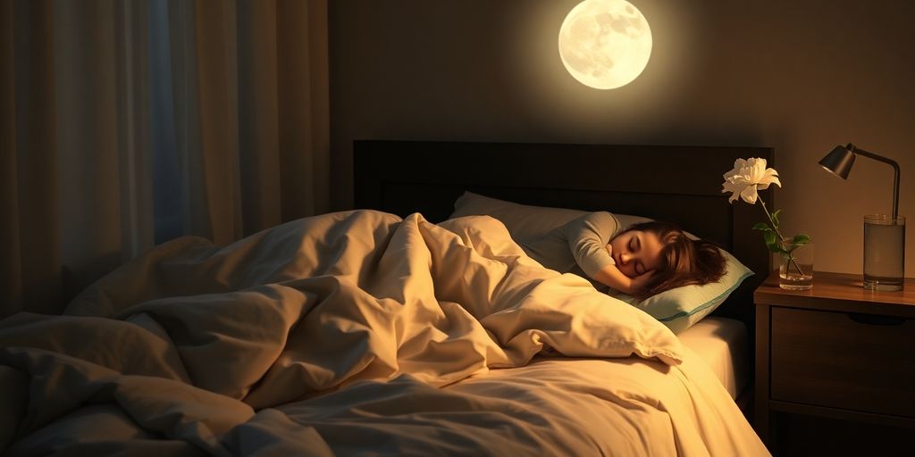 Person sleeping peacefully under moonlight with bedside calm elements.