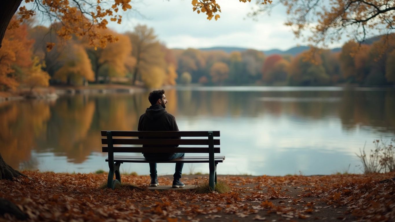 Person on bench by lake in autumn