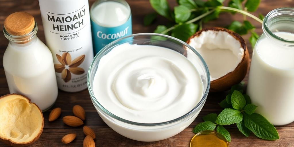 Bowl of dairy-free cream with milk and oil nearby.