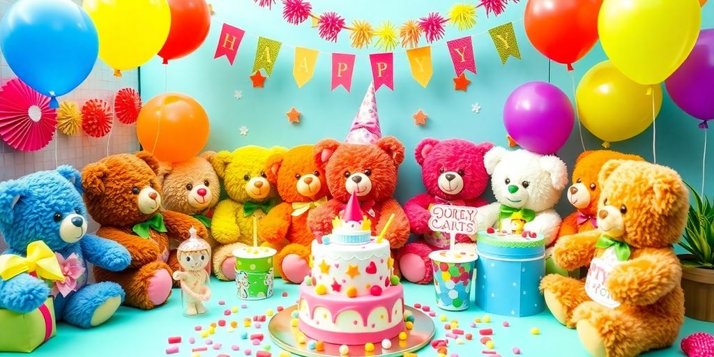 Teddy bear party with colourful decorations and joyful atmosphere.