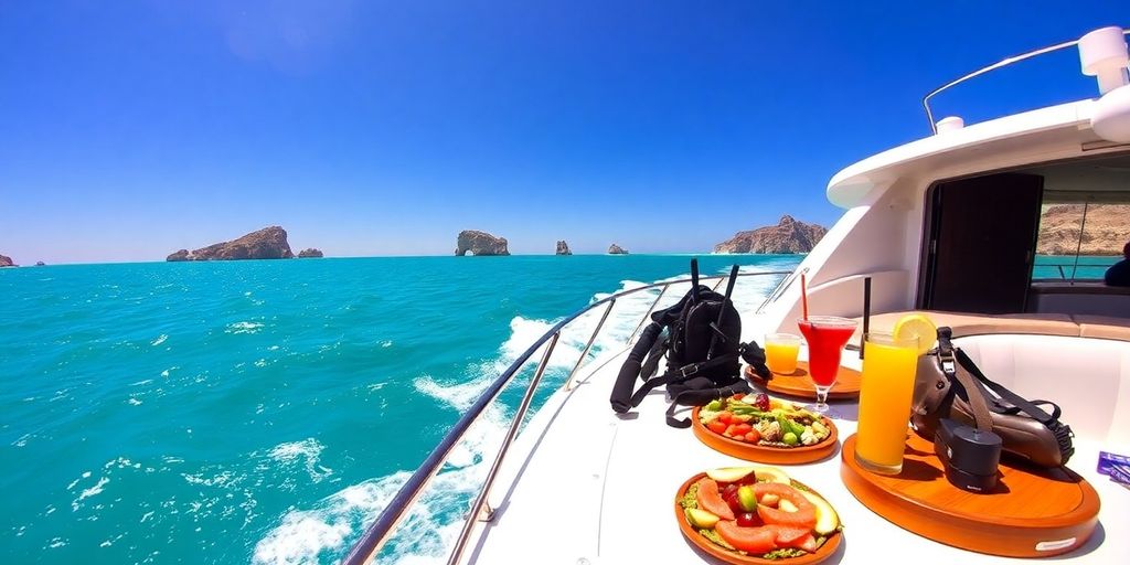 Luxury yacht sailing in Cabo with snorkel gear and drinks.