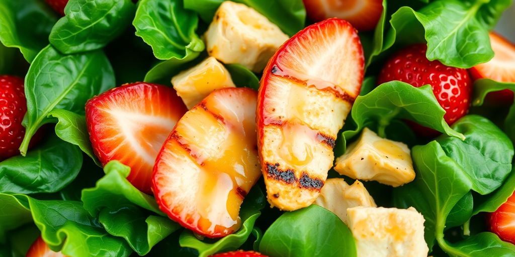 Vibrant summer salad with berries, greens, and grilled chicken.