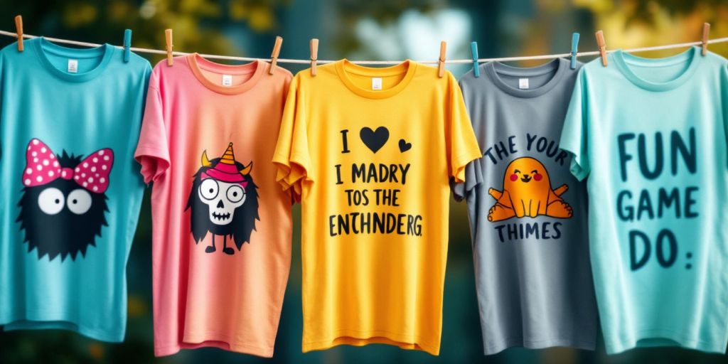 Brightly coloured funny t-shirts on a clothesline.