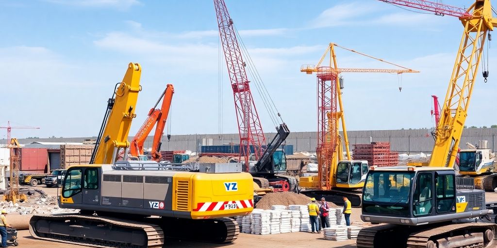 Construction site with YZ machines and workers in action.