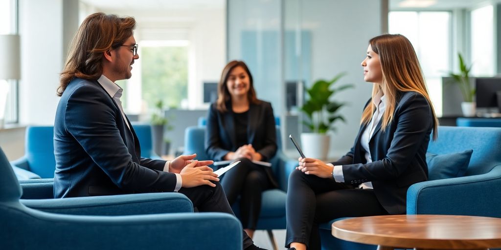 5 Vorteile von Zeitarbeit für Arbeitgeber in Südbayern Büroszene mit Personalvermittler und Bewerber im Gespräch.