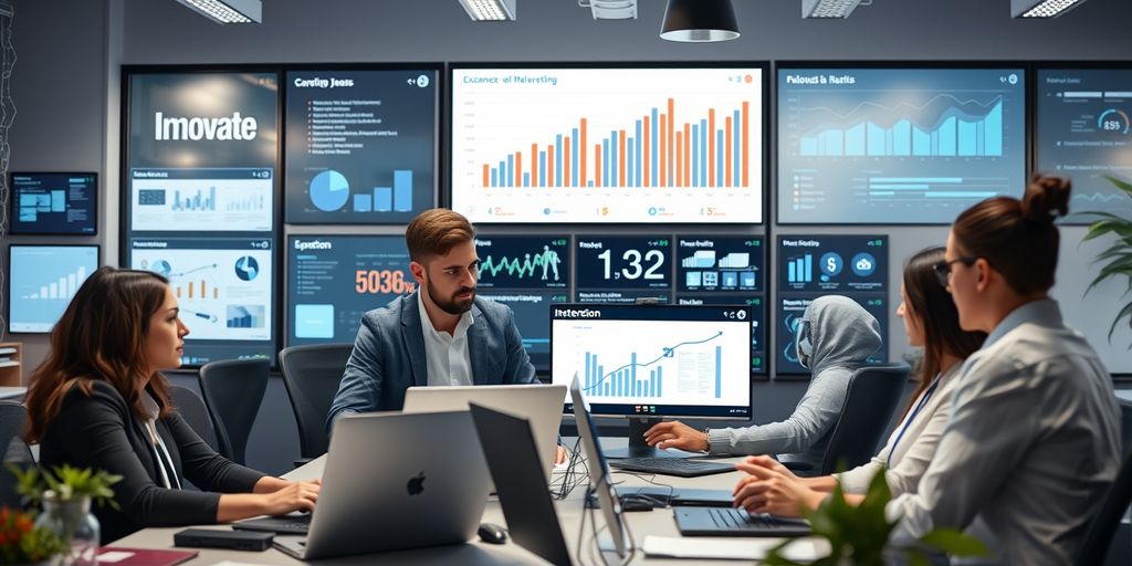 Profissionais de marketing digital colaborando no escritório