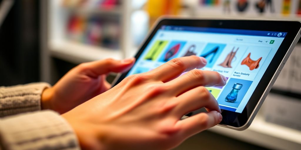 Close-up of hands touching a tablet screen.