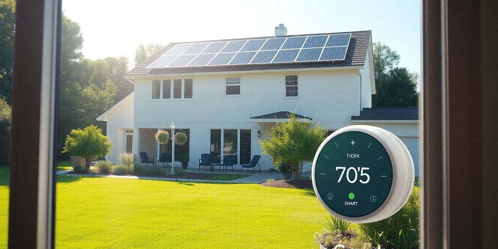 Energy-efficient home, sun, green yard.