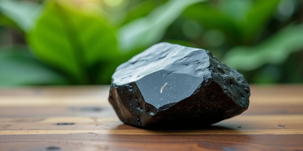 Pietra di shungite su tavolo di legno